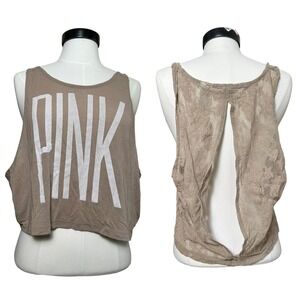 Victoria's Secret PINK Tan Lace Open Back Graphic Crop Tank Top Small Y2K Boho